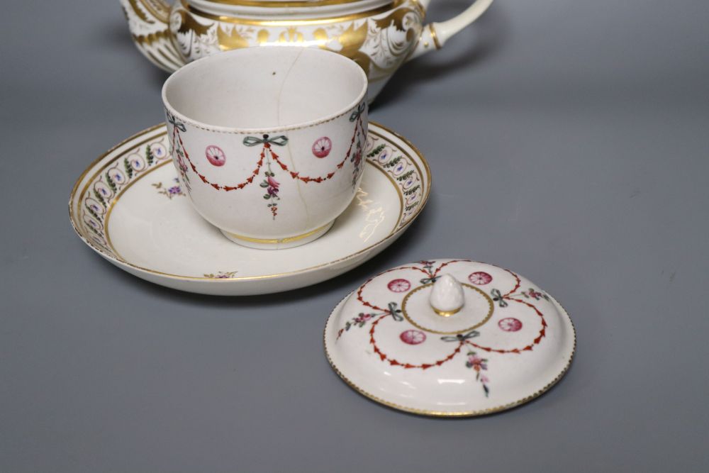 A Derby gilded part tea set, two Derby sucrier and covers and a similar dish, c.1790-1810, blue, puce, gilt and iron red marks